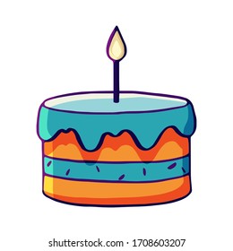 Vector birthday cake with a candle. Cream cake icon or logotype for cake shop, bakery, pastry shop, confectionery, birthday card. Stock illustration isolated on a white background.
