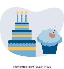 Vector birthday cake with candle and muffin icon. Happy anniversary party treat. Cream pie and cupcake. Sweet pastry with decoration. Delicious festive dessert. Traditional homemade confectionery