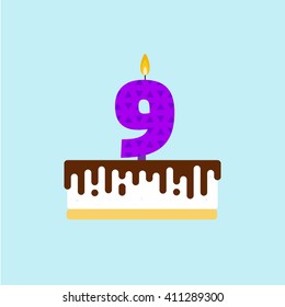 Vector birthday cake with a candle number 9 in flat style. Icon, illustration of torte. Souffle with chocolate icing. For birthday party invitation and cards design. Ninth birthday celebration.