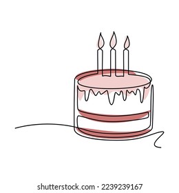Vector birthday cake with candles one line continuous drawing illustration. Hand drawn linear silhouette icon. Minimal design element for print, banner, card, wall art poster, brochure, postcard