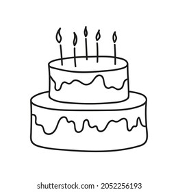 Vector birthday cake icon in doodle style. Cartoon cake with burning candles. 