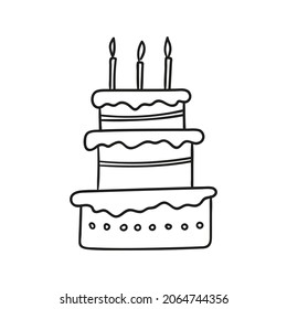 Vector birthday cake icon in doodle style. Cartoon cake with burning candles. 