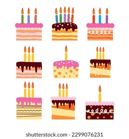 vector birthday cake icon set isolated on white background. birthday cakes with burning candles