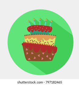 Vector of birthday cake sign icon on green background with long shadow