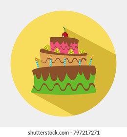 Vector of birthday cake sign icon on yellow background with long shadow