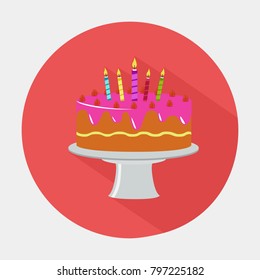 Vector of birthday cake sign icon on red background with long shadow