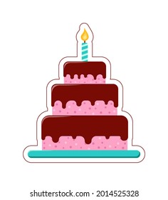 Vector Birthday Cake sticker. Big cake with candle in a flat style with cut contour on white background