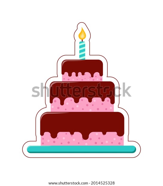 Vector Birthday Cake\
sticker. Big cake with candle in a flat style with cut contour on\
white background