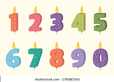 Vector birthday cakecandle set. Candle numbers for cake. Candles collection for party decoration.