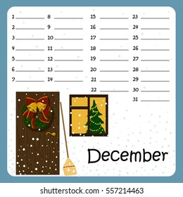 Vector birthday calendar for December with Christmas wreath and Christmas tree in the window