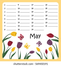 Vector Birthday calendar for May with tulips and butterflies