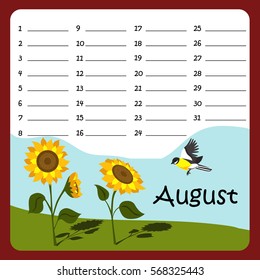 Vector birthday calendar reminder for August with sunflowers and tomtit