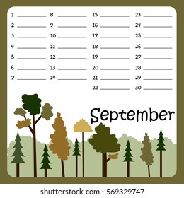 Vector birthday calendar reminder for September with autumn trees