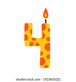 Vector birthday candle in the shape of the number four. Illustration of a burning candle in the shape of 4 on a white background is isolated