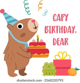 Vector Birthday capybara square card template. Cute capibara in cone hat holding cake with candle and standing near presents with frog. Holiday poster illustration. Comic trendy guinea pig