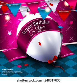 Vector birthday card with balloon, bunting flags and ribbon for your text.
