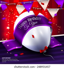 Vector birthday card with balloon, bunting flags and ribbon for your text.