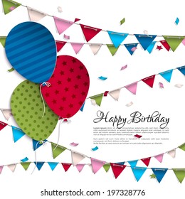 Vector birthday card with balloons and bunting flags.
