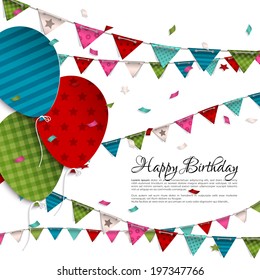 Vector birthday card with balloons and bunting flags.