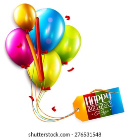 Vector birthday card with balloons, confetti and tag for your text.