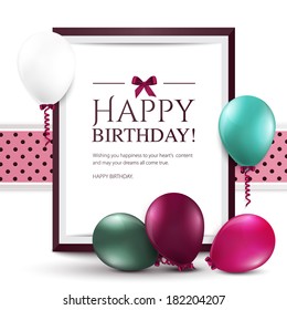 Vector birthday card with balloons and frame.