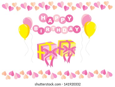 vector birthday card with balloons, presents and hearts isolated on white background