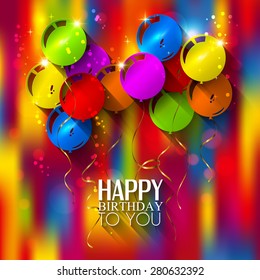 Vector birthday card with balloons and ribbons on multicolored background.