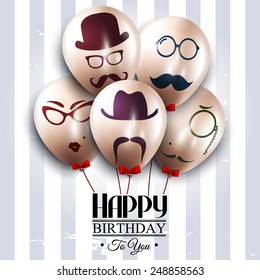 Vector birthday card. Balloons with silhouettes on hipster style. Mustaches.