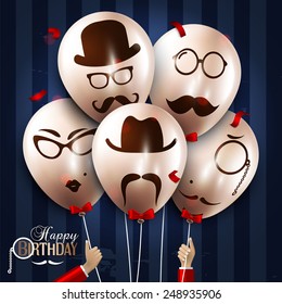 Vector birthday card. Balloons with silhouettes on hipster style. Mustaches.