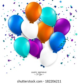 Vector birthday card with balloons and birthday text.