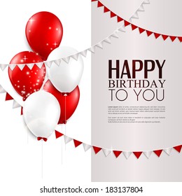 Vector birthday card with balloons, and birthday text.