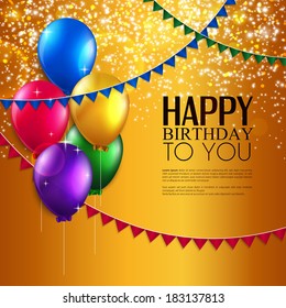 Vector birthday card with balloons, and birthday text.