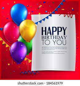 Vector birthday card with balloons, and birthday text on red background.