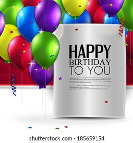 Vector birthday card with balloons, and birthday text.