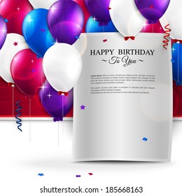 Vector birthday card with balloons, and birthday text.