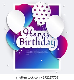 Vector birthday card with balloons, and birthday text.