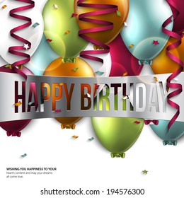Vector birthday card with balloons and birthday text.