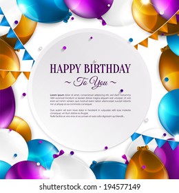 Vector birthday card with balloons and birthday text.