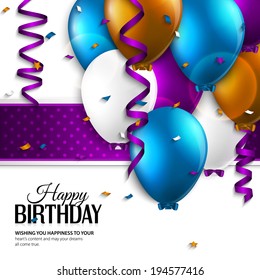 Vector birthday card with balloons and birthday text.