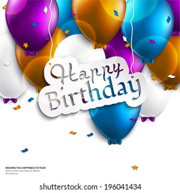 Vector birthday card with balloons and birthday text.