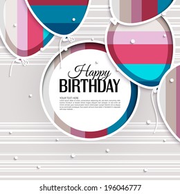 Vector birthday card with balloons and birthday text on stripes background.