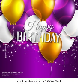 Vector birthday card with balloons and birthday text on purple background.