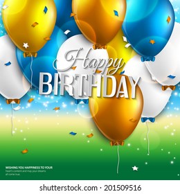 Vector birthday card with balloons and birthday text on colorful background.