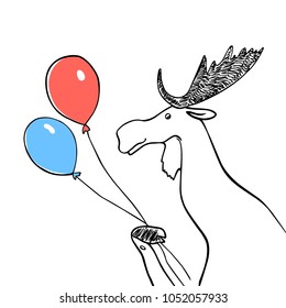 Vector birthday card. Beautiful illustration of hand drawn cute moose with clorful balloons. Beautiful ink drawing, sketch style. Perfect design elements, animal illustration