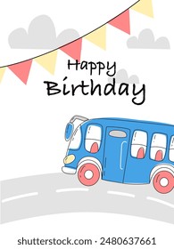 Vector birthday card with blue bus for boys. Greeting card with car