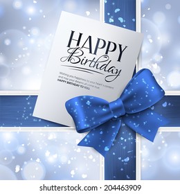 Vector birthday card with blue ribbon and birthday text.