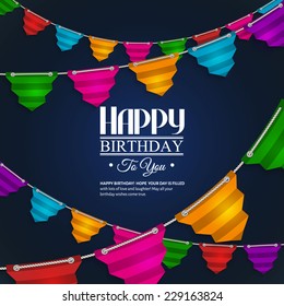 Vector birthday card with bunting flags in the style of flat folded paper.