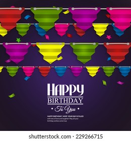 Vector birthday card with bunting flags in the style of flat folded paper.