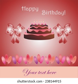 Vector Birthday card with cake, bow and balloons