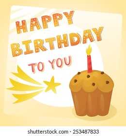 Vector birthday card with cake and candle, star and text "Happy birthday"